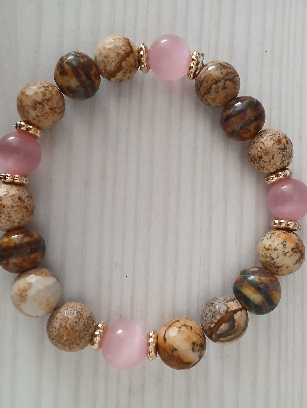 Natural Stone Jasper  and Pink Cats Eye Stone  Beaded Bracelet